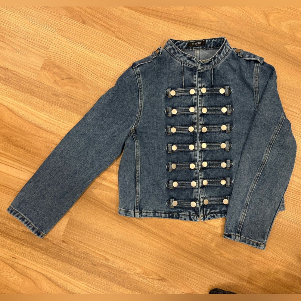 Button-Front Blue Denim Jacket with Military-Insp… - image 1